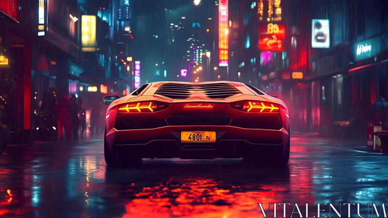 Neon‑lit supercar rear profile in reflective rain‑soaked alley.
