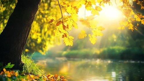 Golden autumn sunlight warming a quiet riverside escape.