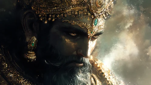 Regal bearded monarch in jeweled gold diadem, dramatic chiaroscuro