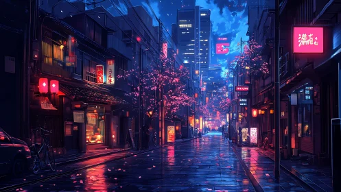 Neon-lit rain alleyway with sakura and midtown skyline contrast.