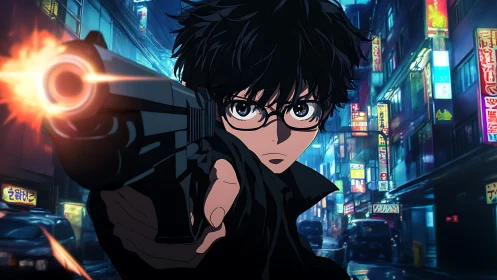 Male anime figure aiming handgun in neon city alleyway.