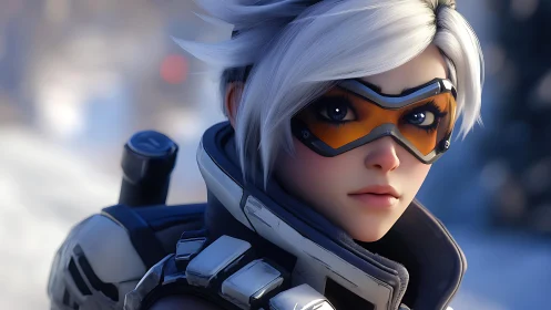 Futuristic female soldier portrait in winter environment