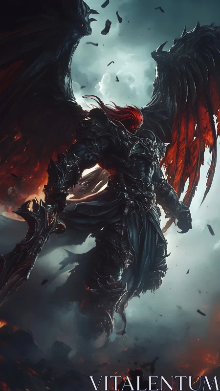 Armored winged warrior in fiery storm-filled battlefield.