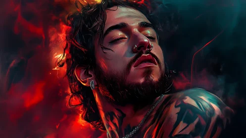 Cinematic digital portrait of tattooed man in neon rim light