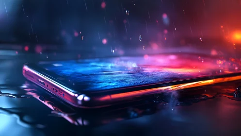 Iridescent smartphone under rain in neon reflections.
