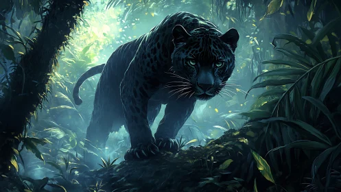 Black panther positioned in dense jungle with illuminated canopy
