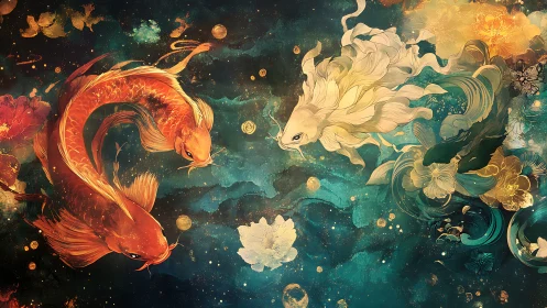 Celestial koi converge in luminous teal and gold currents.