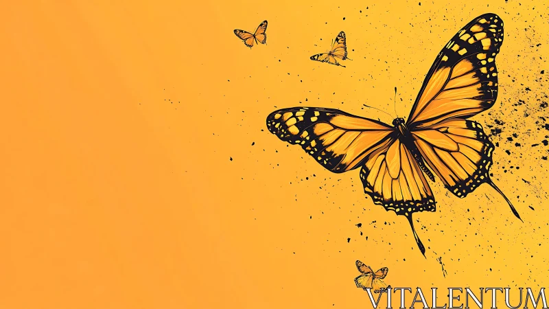 Digital monarch butterflies on vivid orange negative space field.