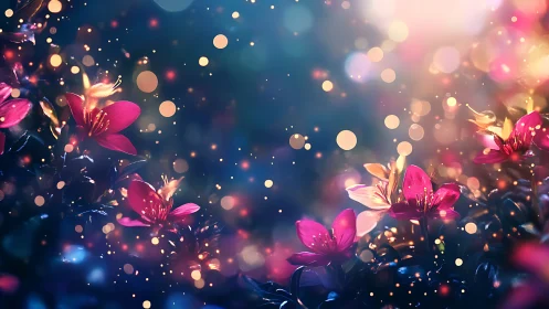 Magenta flowers with diffused light particles on teal background.