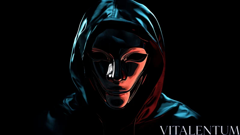 Hooded chrome mask glows in red and teal cyber darkness.