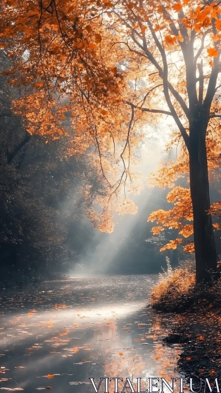 Golden autumn light filters through trees beside river