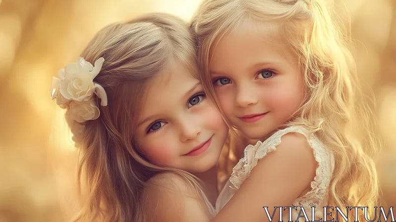 Soft-focus portrait of two young girls with volumetric backlighting and painterly rendering characte