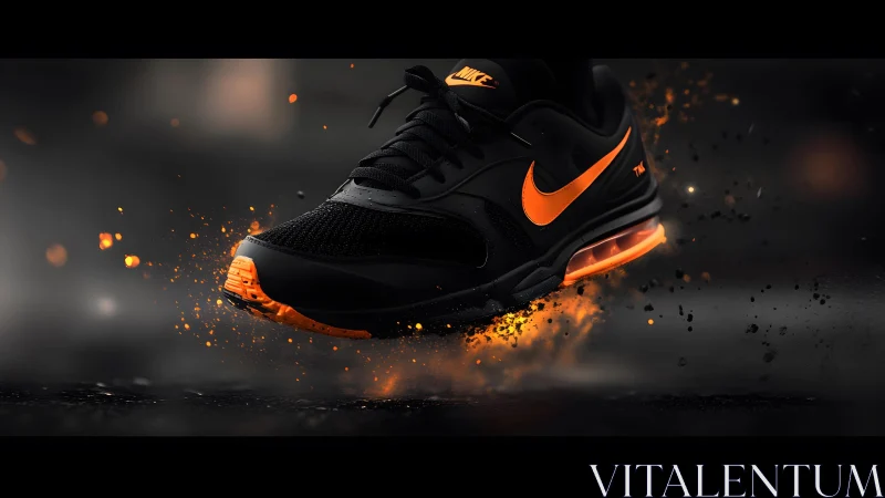Striking Black and Orange Nike Sneaker in Dynamic Action Shot.