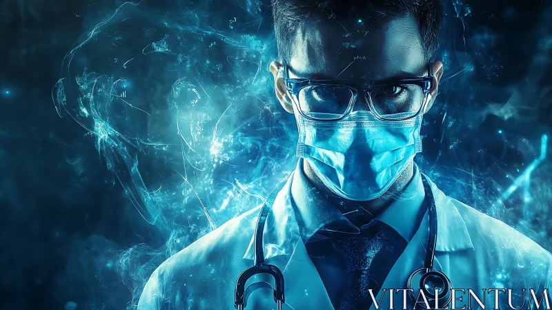 Intense masked doctor in glowing blue digital energy field.
