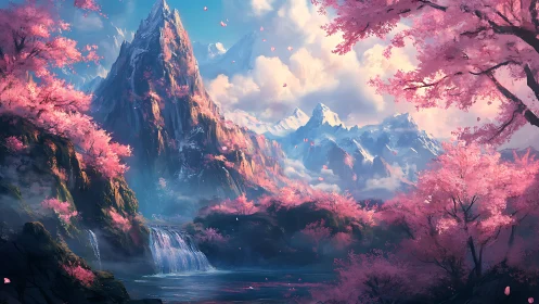 Snowcapped peaks rise beyond luminous cherry blossom valley