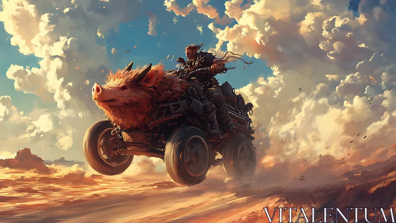 Post-apocalyptic rider steering boar-mounted quad in desert.