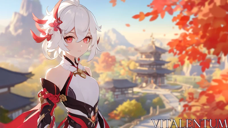 Autumn warrior gazes over tranquil temple gardens at dusk