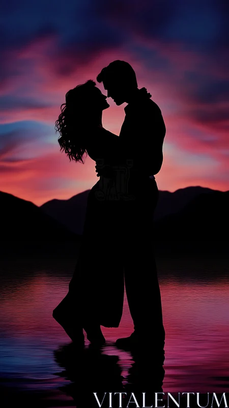 Silhouette Couple Kiss at Sunset Over Water