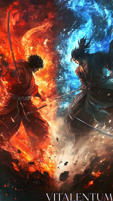 Twin elemental samurai carve fire and frost across chaos
