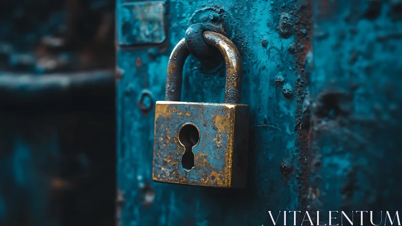 Weathered Padlock on Turquoise Industrial Surface.