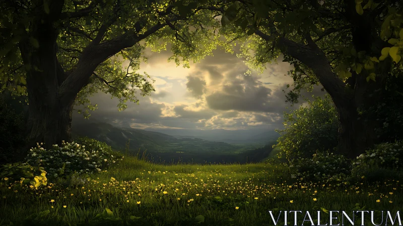 Backlit forest clearing frames vast atmospheric valley vista