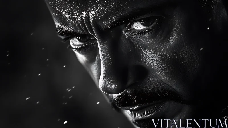 Intense male face in dramatic monochrome close-up lighting