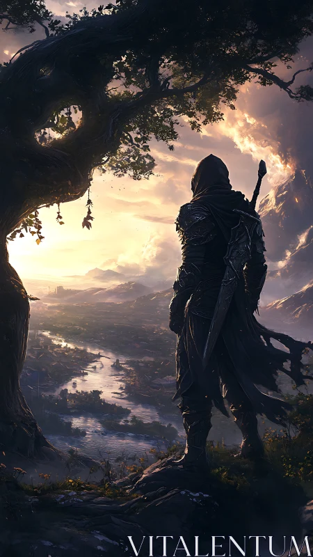 Hooded armored figure surveys river valley from elevated cliff