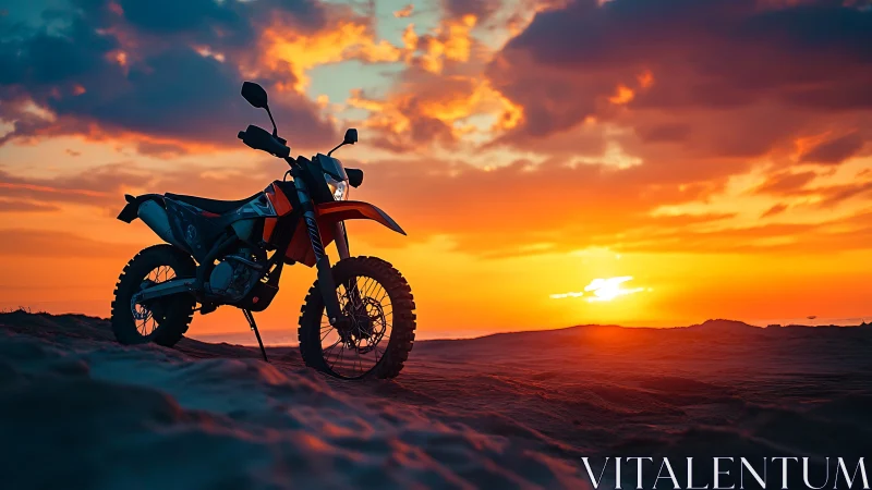 Sunset trail bike waiting quietly on glowing sand dunes.