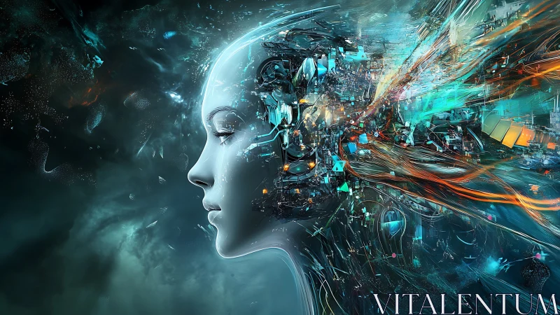 Neon thoughts stream from a serene cybernetic dreamer