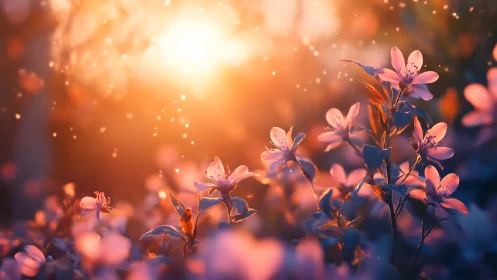Pink Flowers Luminous Sunset Bokeh.