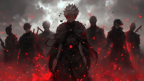 Ember-eyed warriors stride from a storm of crawling ash