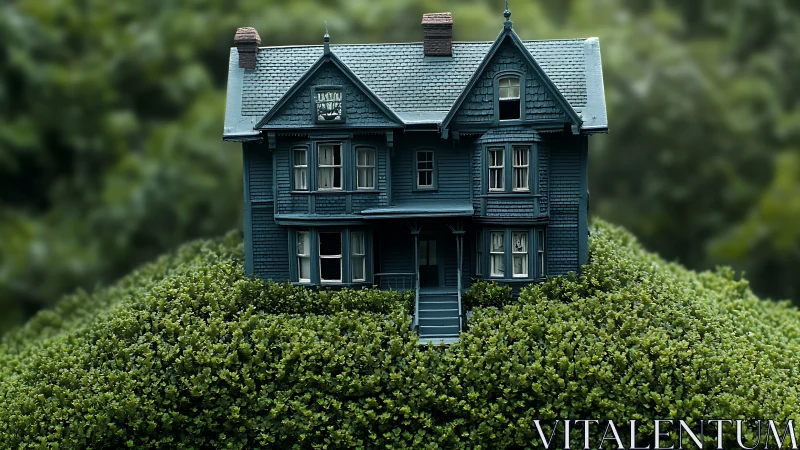 Miniature blue Victorian house centered above dense shrubs