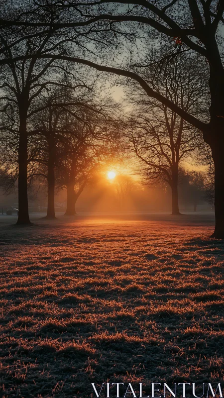 Photorealistic winter sunrise across frosted parkland trees.