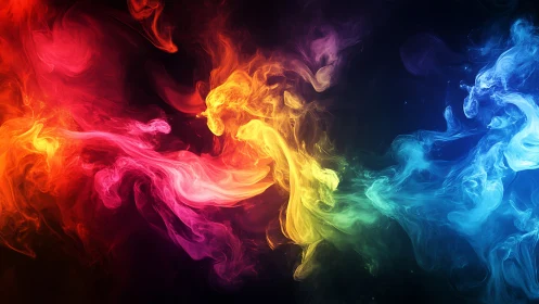 Colorful smoke plumes form fluid gradients across dark space