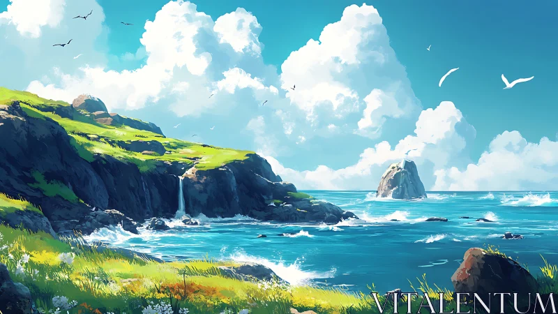 Coastal Cliffs with Waterfall. Turquoise Sea.