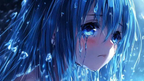 Blue haired anime girl crying under cascading water.