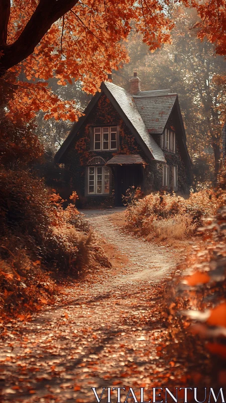 Country cottage stands on curved path amid dense autumn trees