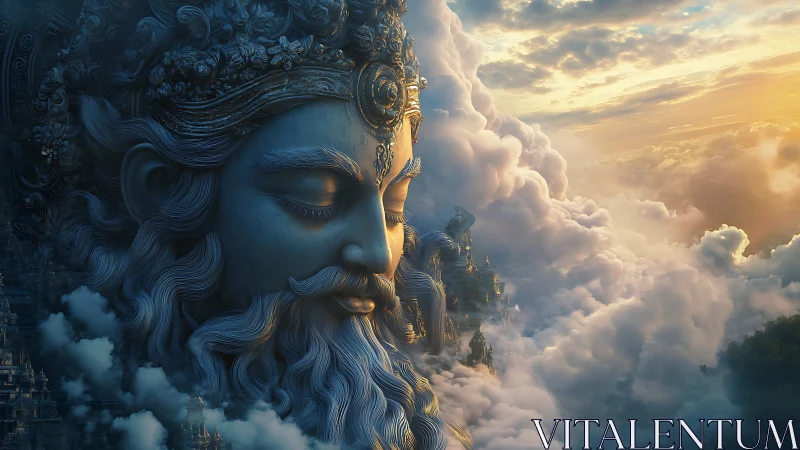 Dreaming sky deity drifting through sunrise clouds.