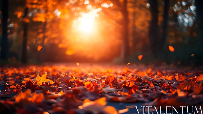 Low-angle autumn leaf carpet under strong backlit forest sunset
