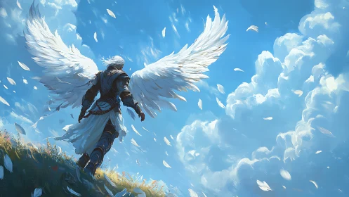 Armored seraph ascending through cumuliform skyfield strata.