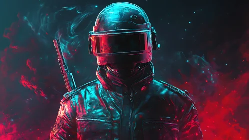 Armored neon trooper with visor helmet in red cyan haze