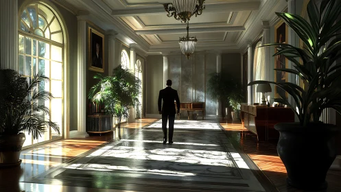 Sunlit mansion corridor with a lone reflective figure walking.