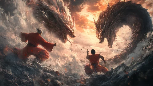 Storm-forged duel between warriors and twin elemental dragons.