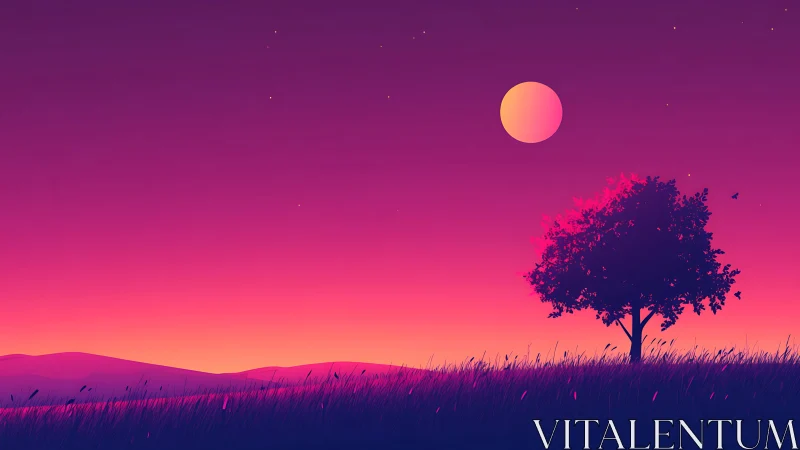 Lonely tree silhouettes under neon gradient twilight sky