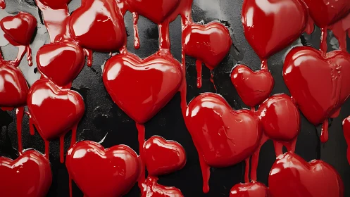 Crimson Liquid Hearts Suspended Against Charcoal Surface.