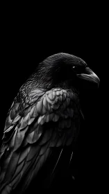High-contrast raven portrait isolates sculptural feather detail