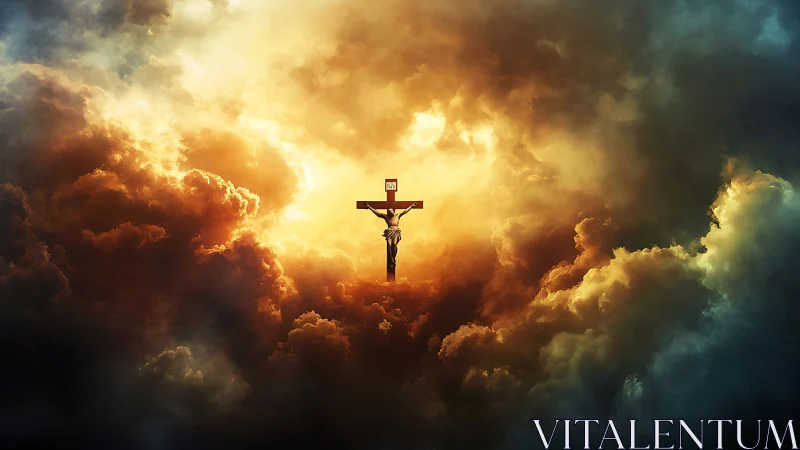 Crucifix illuminated within stormy, radiant celestial clouds.