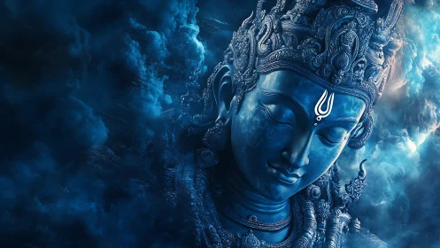 Serene celestial deity rests in swirling blue cosmic clouds