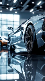 Sleek silver supercar resting in a softly lit showroom.