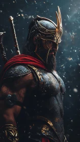 Battleworn armored warrior in dynamic rim lighting and drifting sparks